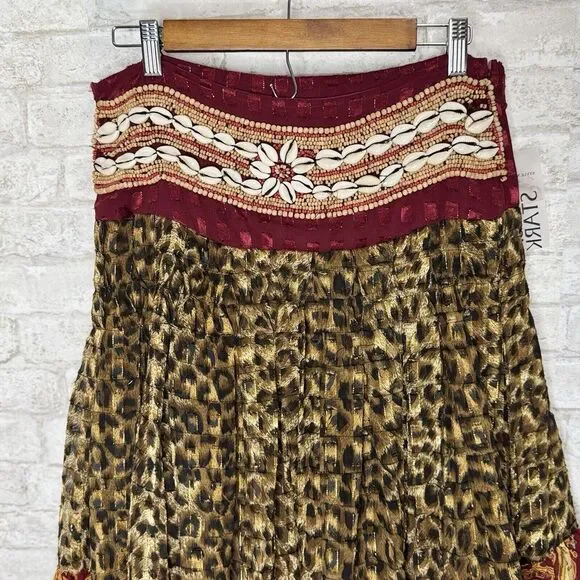 Sandy Starkman Multi-Color Patterned Maxi Skirt Tiered Beaded Shells Size M Boho